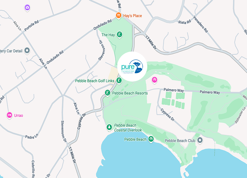 A map of Pebble Beach Golf Links and Resorts featuring the PURE Insurance Championship logo
